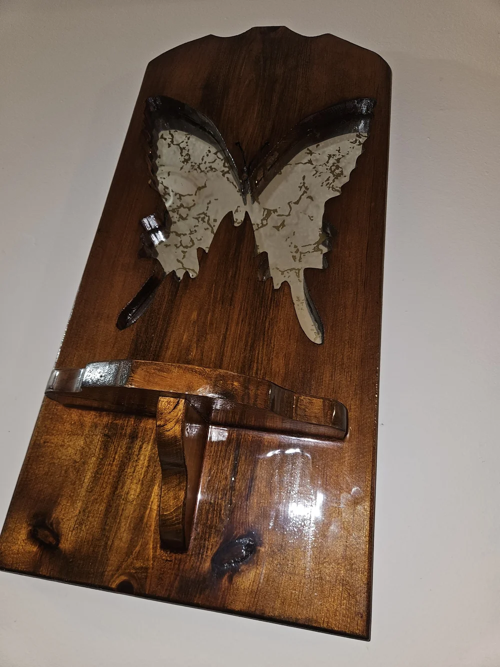 Vintage Stained Wooden Butterfly Mirror Wood MCM Shelf Midcentury Modern
